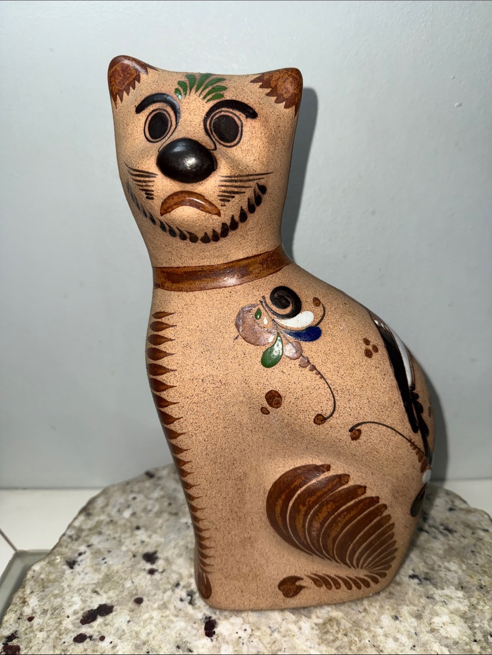 Tonala Stoneware Pottery Cat Statue Mexico Folk Art Rustic Bohemian Decor 11”
